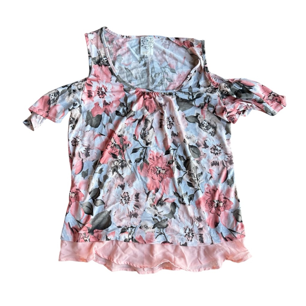 Naïf Women’s Floral Cold Shoulder Pink and Green Casual‎ Normcore Top Size S